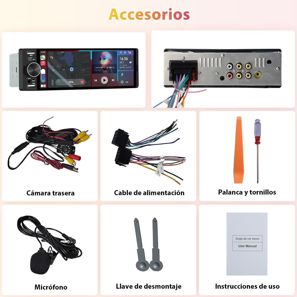 Junsun Radio Coche Universal 1 DIN con 6.36 Pulgadas Pantalla Táctil, con CarPlay/AndroidAuto/Admite