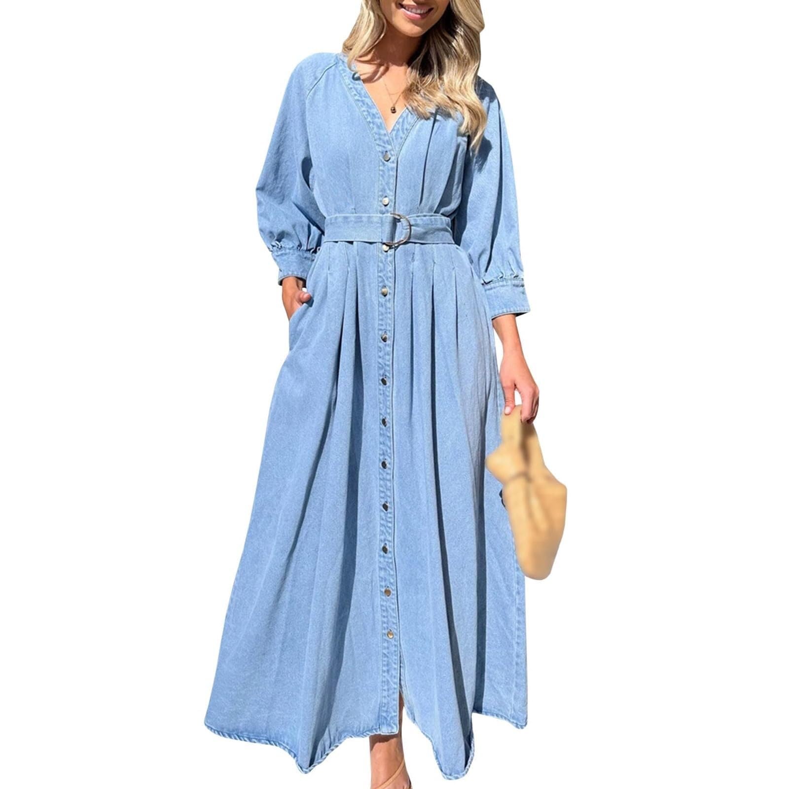 Yomacy Women's Blue Boho Maxi Denim Dress,Puff 3/4 Sleeve Long Jean Dresses,Casual Denim Dress Multi Pockets Denim Skirt,Belted Long Jean Dress,Pleated V Neck Sundress With Belt(L)