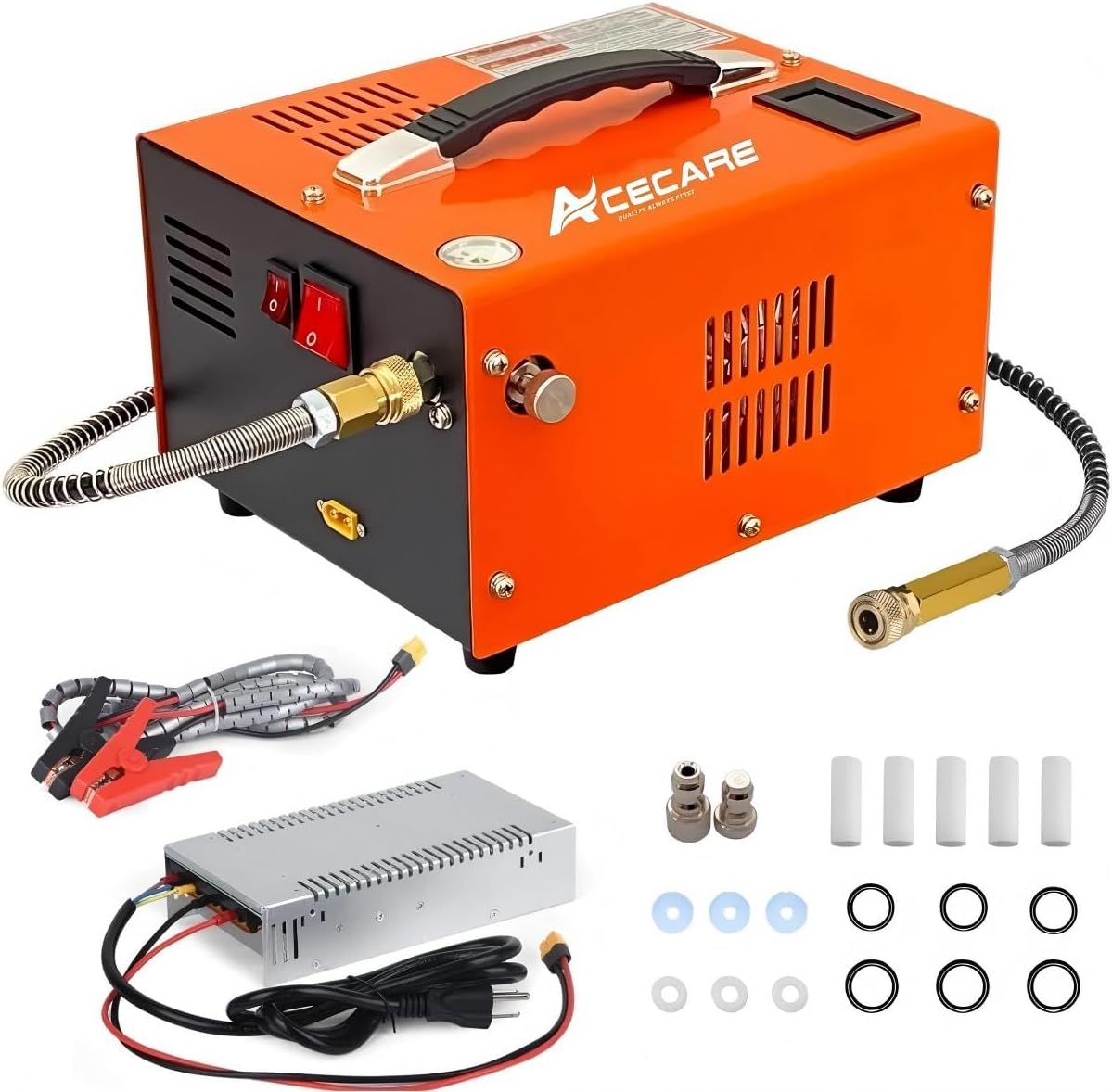 Acecare PCP Air Compressor 4500Psi High Pressure Air Compressor PCP Air Pump 12v/110v Auto-stop Electric 30Mpa for PCP Rifle Paintball Scuba Tank Filling (12v Orange Compressor)
