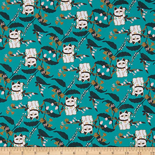 Paintbrush Studio Imperial Garden Lucky Cat Dark Green/White, Quilting Fabric by the Yard