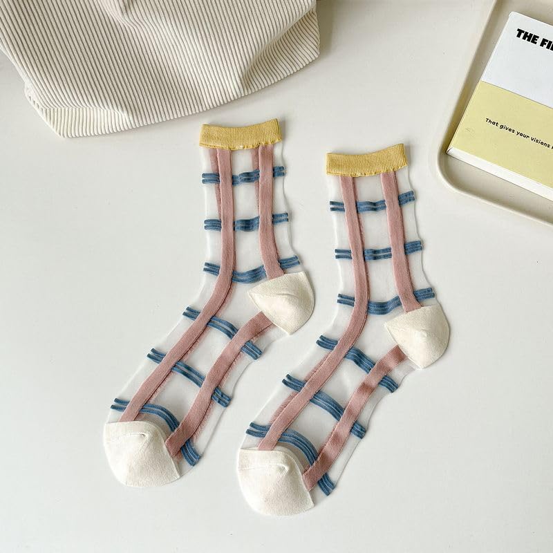 Image of 7 Pairs Women Floral Sheer Sock Elastic See Through Socks Summer Thin Mesh Lace Jacquard Socks Cottagecore Accessories
