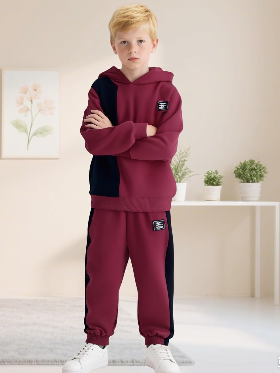 Toddler Boy Clothes Long Sleeve Hoodie Sweatsuits Tops and Pants Boys Fall Winter Color Block Outfits Set 5-12 Years Wine Red 11-12 Years image 2 of 7 B0F7XNC417