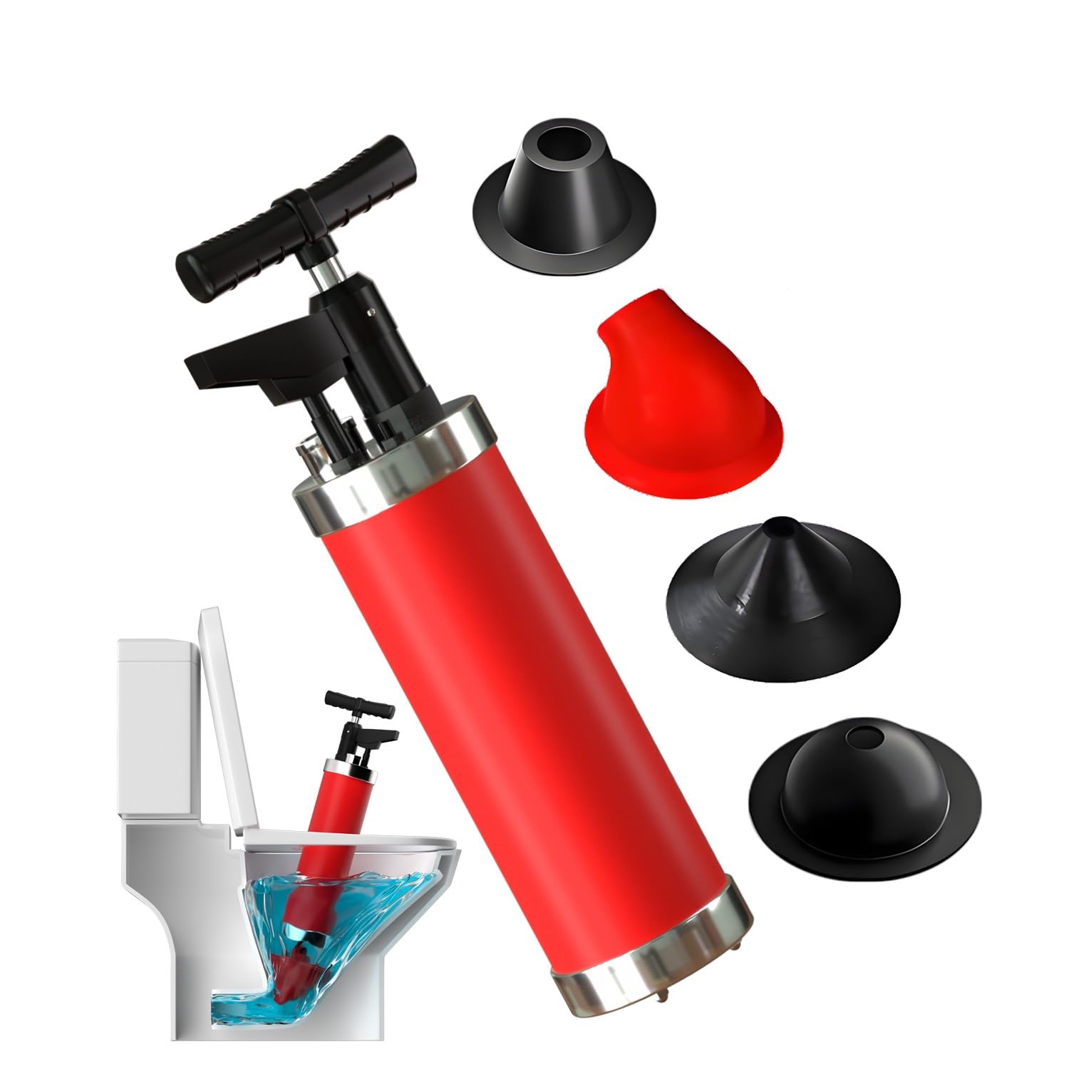 Desatascador WC a Presion con Barometro, Desatascador AIRE Comprimido con 4 Teste di Pistone, Desatascador Tuberias Profesional, per WC, Lavandino, Vasca da Bagno