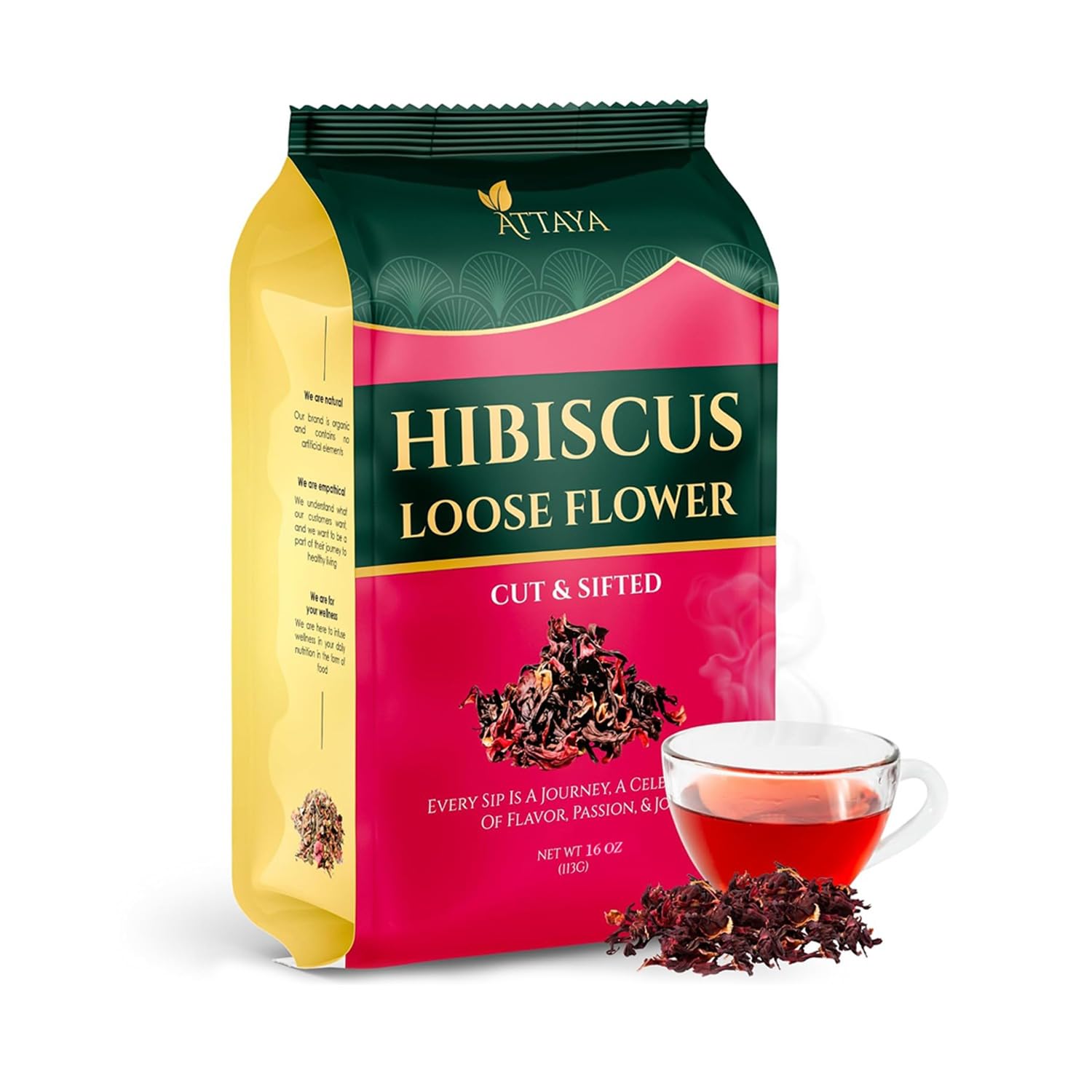 Attaya Natural Loose Hibiscus Flowers, Cut & Sifted 16oz | 100% Pure, Dried, Caffeine-Free | Antioxidant-Rich for Wellness & Relaxation.