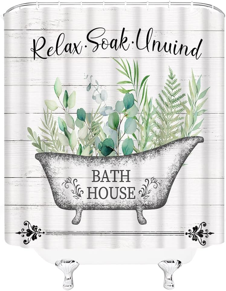 GCTNBJL Sage Green Leaves Shower Curtain Tropical Round Leaf Floral in Bathtub Wooden Board Vintage Watercolor Plant Extra Long Bathroom Home Curtain with Hooks,70x78 Inch