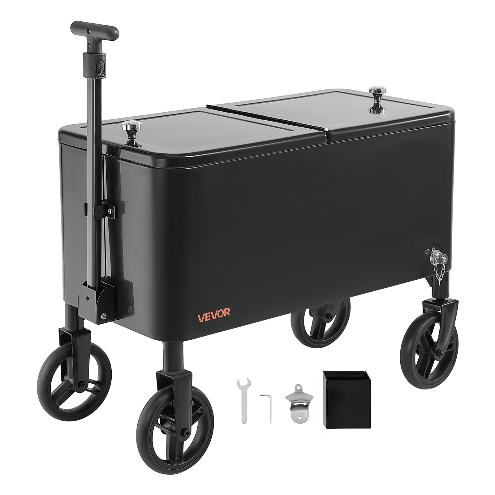 VEVOR Kühlwagen Getränkewagen 75,71 L bis zu 50 Flaschen/110 Dosen, Beistellwagen für Terrassenpartys und Bars mit KOR Teleskopgriff & Flaschenöffner & Kronkorkensammler, Getränkekühler Schwarz