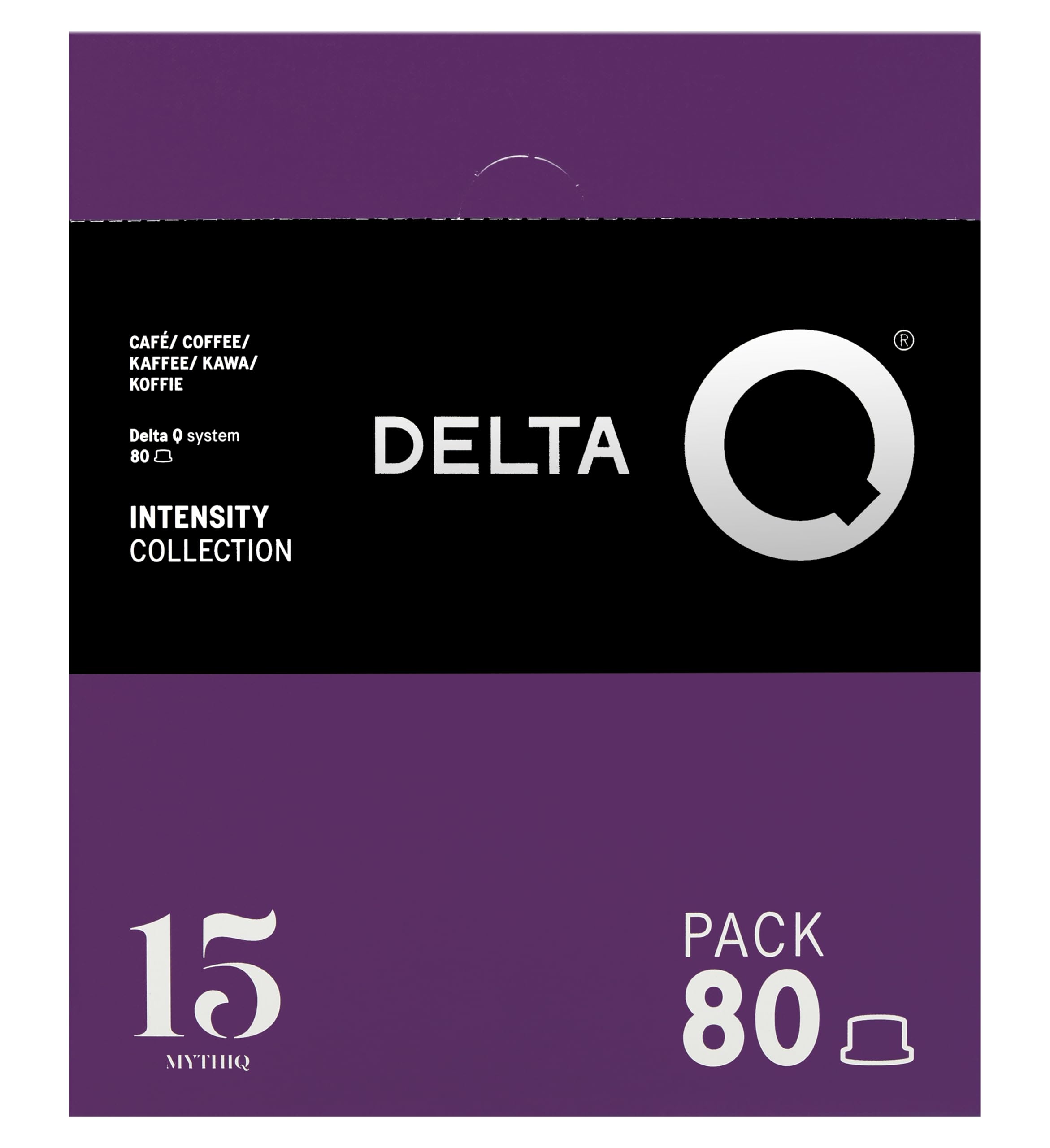 Delta Q 80 Capsules de Café MythiQ, Intensité 15 | Compatibles avec les Machines Delta Q, Espresso Intense aux Notes de Cacao, Chocolat et Noix Grillées, Fabriqué en Portugal