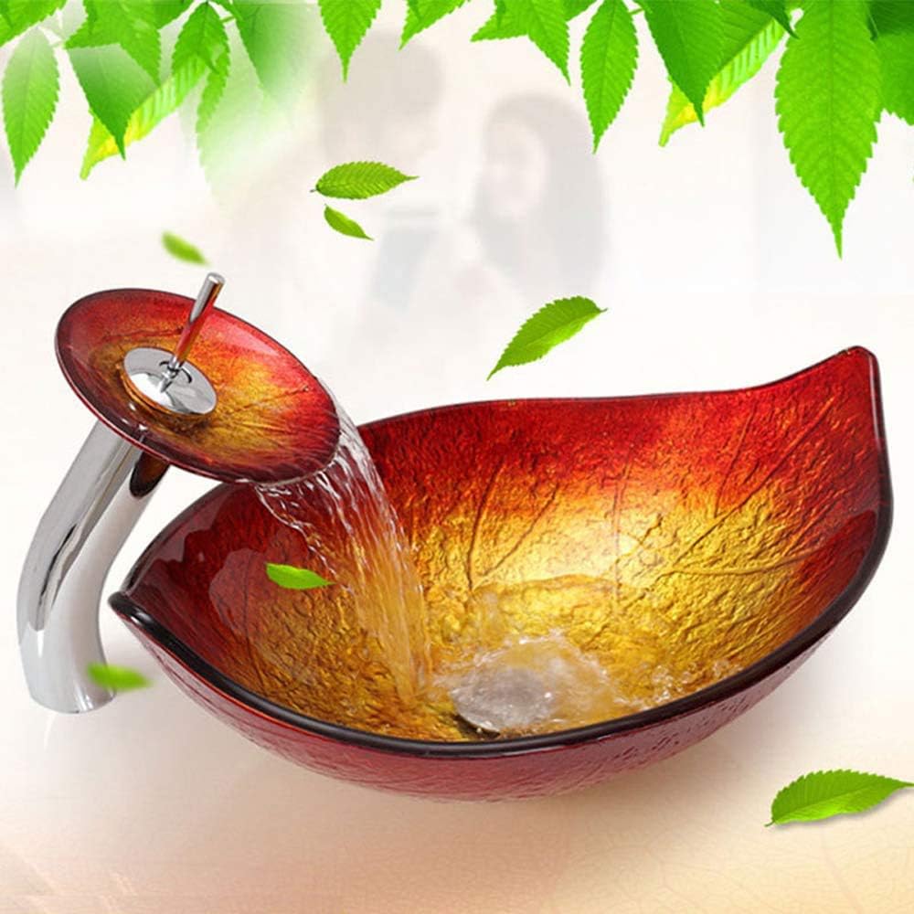 Tempered Glass Bathroom Vessel Sink Red Yellow Gradient Leaf Shape Artistic Vessel Bathroom Vanity Bowl, Top Installation Wash Basin Combo with Pop Up Drain and Mounting Ring,Single Basin