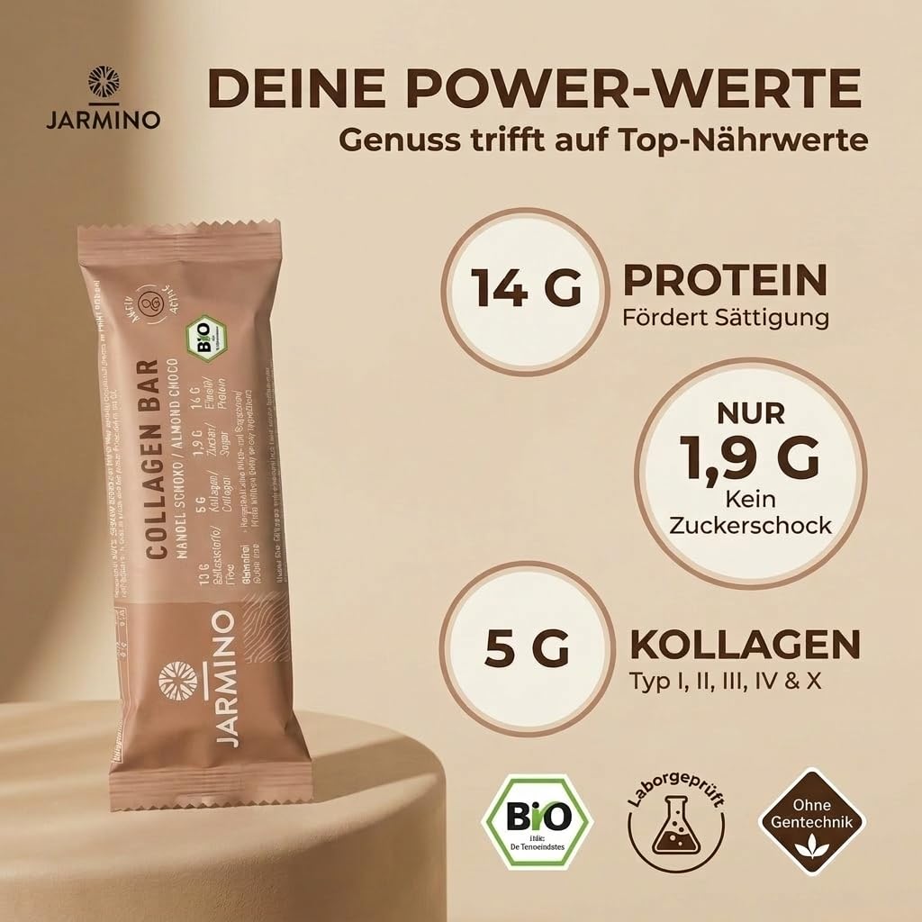 Kollagen Riegel High Protein Bar Almond Chocolate 12x55g - High Protein Low Sugar Proteinriegel + Palmölfrei (Mandel-Schoko) Protein Riegel 12 Pieces