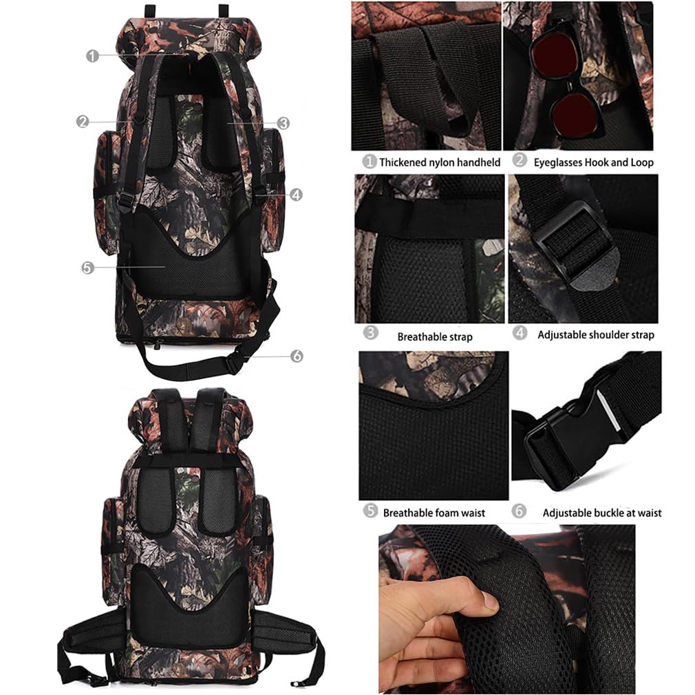 Mochila de senderismo 100L Mochila de senderismo de gran capacidad Mochila universal al aire libre Mochila de camping deportes Mochila de viaje Daypack para hombres mujeres (camuflaje de la selva),