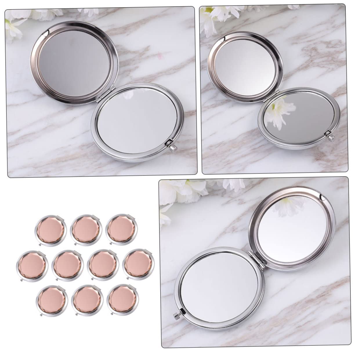 10 Stück-packung Reise Kosmetikspiegel aus Metall und Glas, Doppelseitig | Kompakt und Tragbar, für Zuhause und Unterwegs, Elegant und Leicht, für Handtaschen