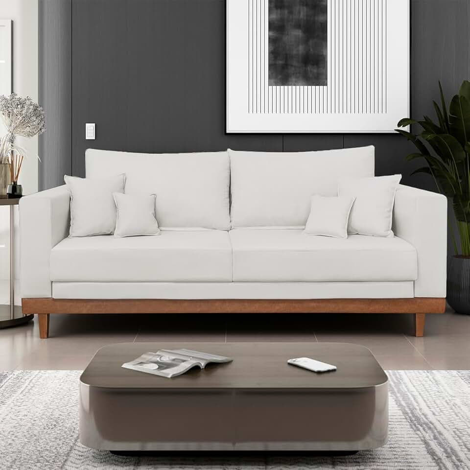 Sofá Living 3 Lugares Linho Resistente Madeira + Almofadas Linho Bege