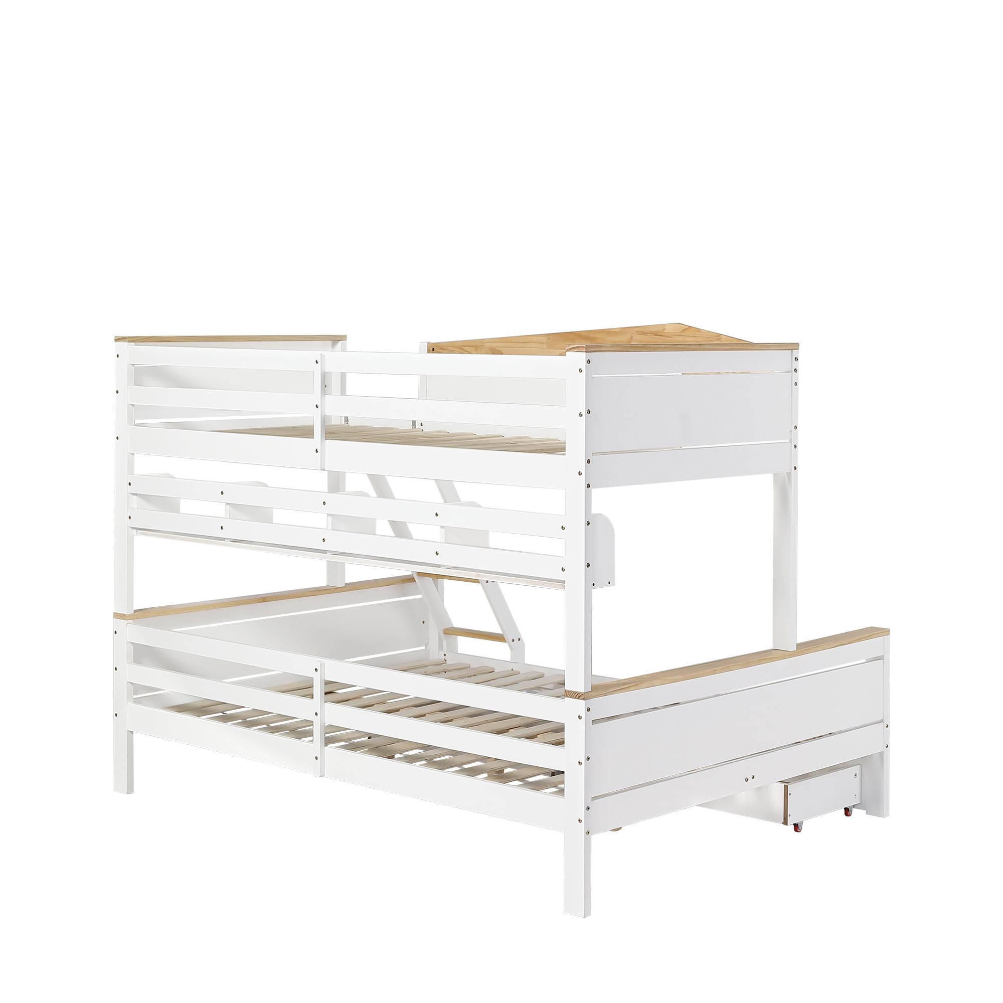 Lettino a castello 90 x 200/140 x 200 cm, per 3 bambini, con decorazione mulino a vento, letto in legno con griglia di sicurezza, letto con 2 cassetti con ripiani, bianco + colori naturali