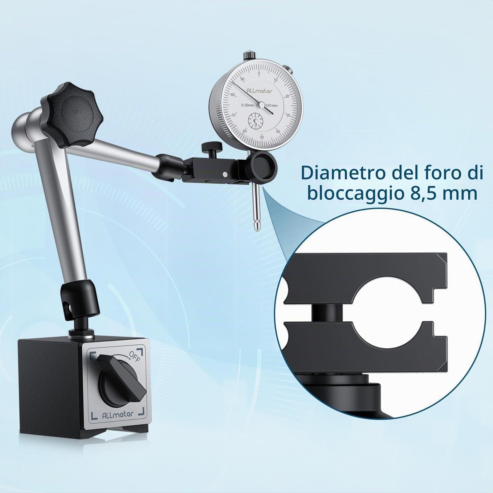 Comparatore di Precisione 0-20mm Centesimale Meccanico a Quadrante e Base Magnetica, Set Indicatore Metrico in Acciaio Inox + Staffa Braccio Regolabile Porta Quadrante Max Pull 80KG