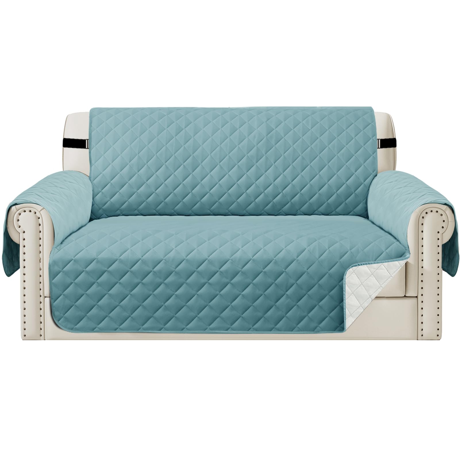 Teynewer Sofa Covers 2 Seater Water Repellent Reversible Sofa Slipcovers Loveseat Couch Settee Covers Non-Slip Furniture Slipcovers with Elastic Straps for Kids Pets, Blue/Beige