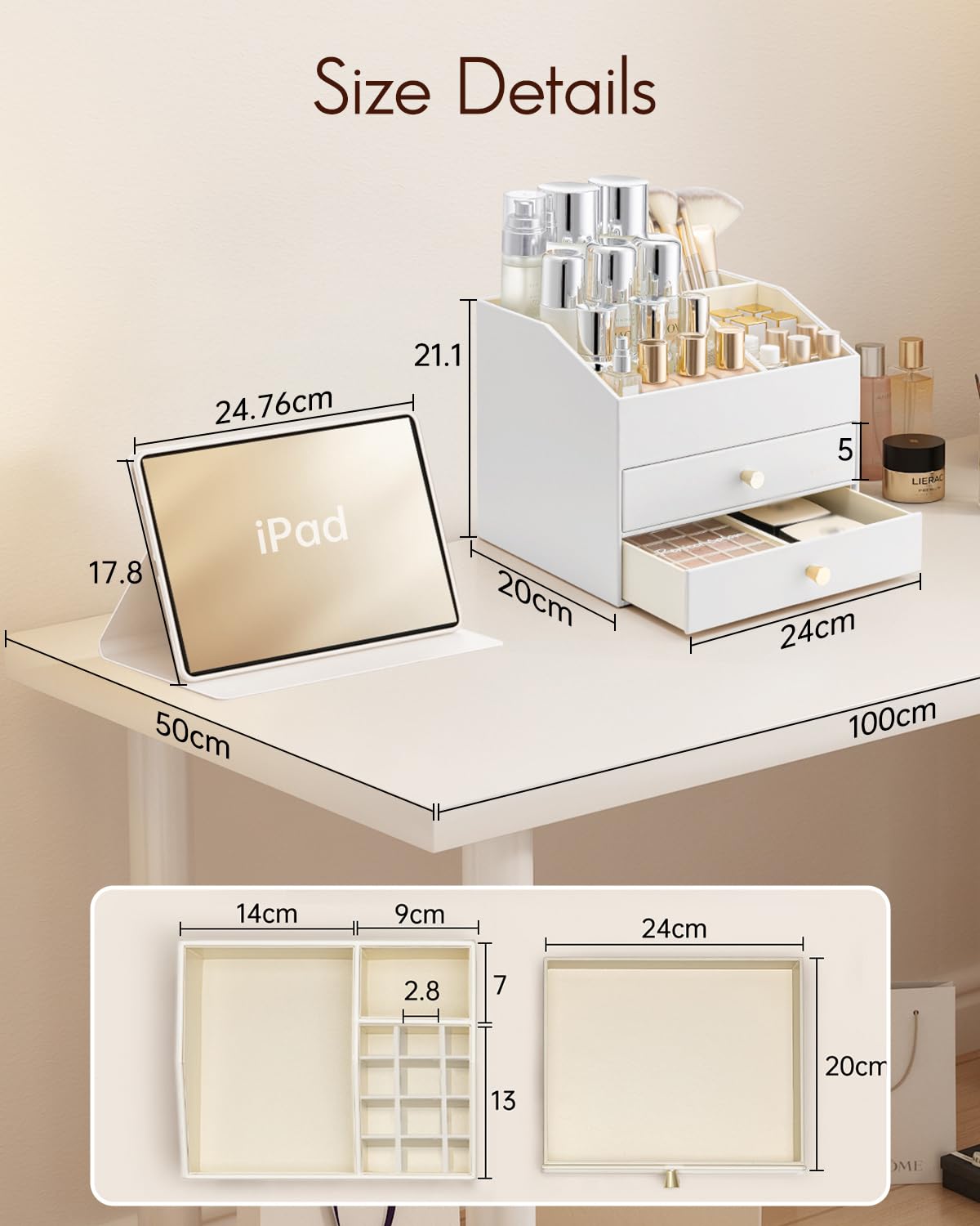 VLANDO Organizer per trucchi con 3 cassetti, organizer da toeletta in PU leader | Organizer per profumi, per la cura della pelle, accessorio da toeletta per rossetto, regalo, bianco