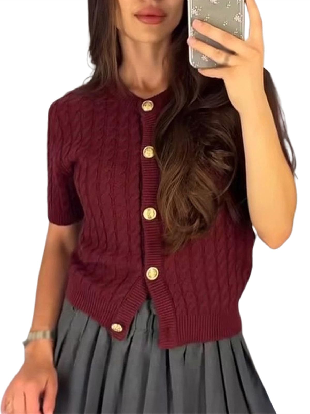 Cable Knit Short Sleeve Cardigans for Women Vintage Button Down Sweaters Casual Going Out Tops