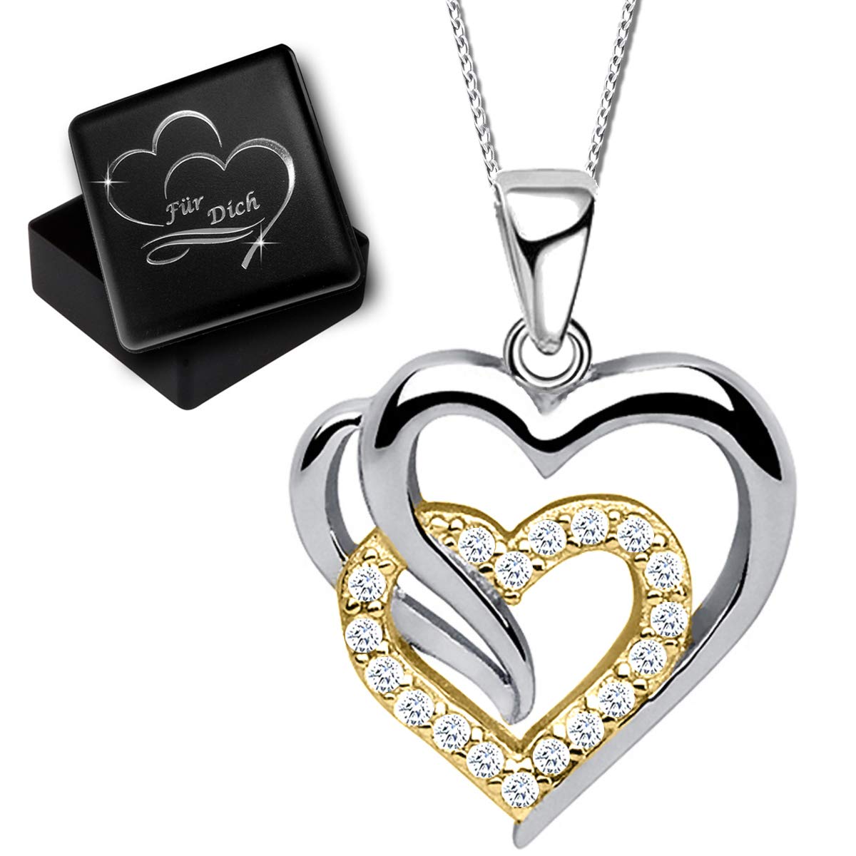 Damen Herz Halskette 925 Sterling Silber mit Rundschliff Zirkonia Frauen Kette Anhänger