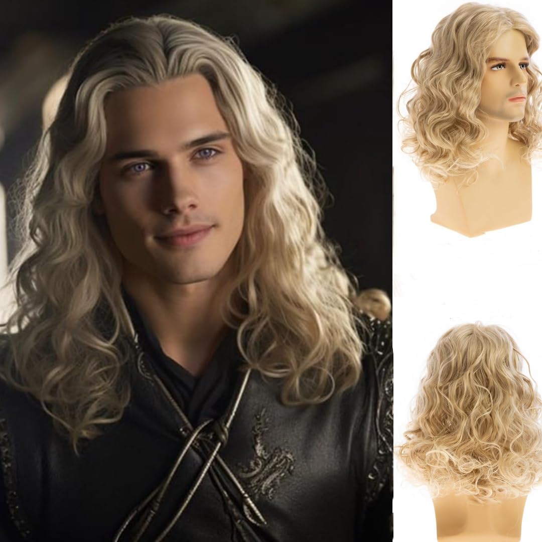 Wiwige Mens Wig Long Curly Wavy Blonde Wig for Males Halloween Cosplay Costume Synthetic Replacement Wigs