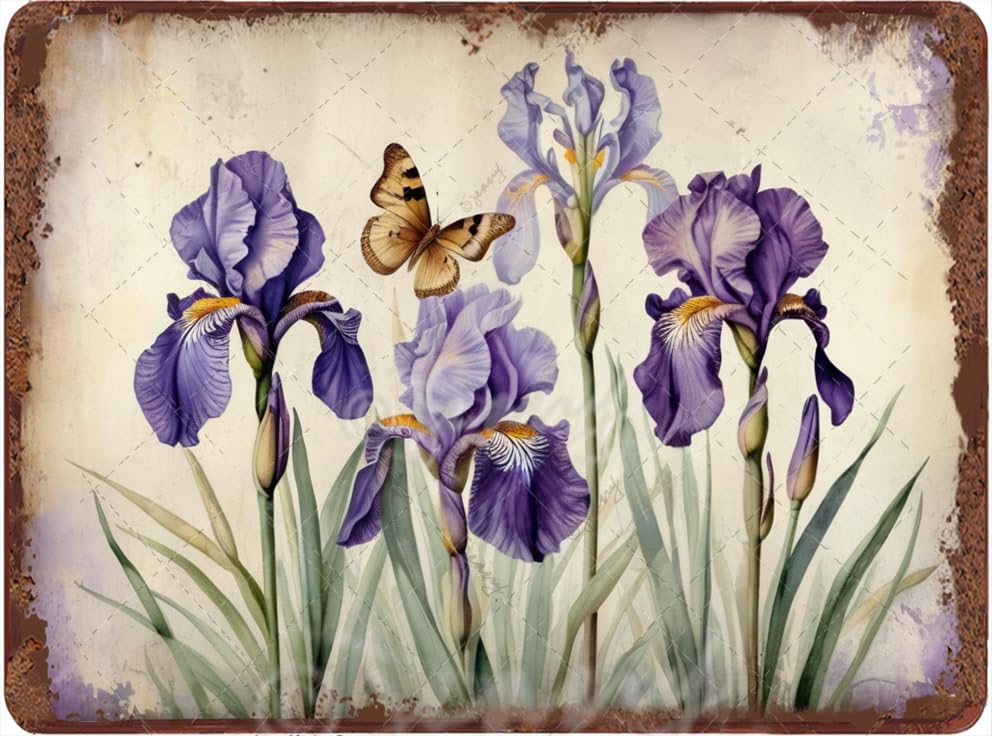 Vintage Purple Iris Metal Sign – 5.5x8 Inch Rustic Garden Wall Art with Butterfly, French Country Farmhouse Floral Decor for Home, Kitchen, Patio, or Gift