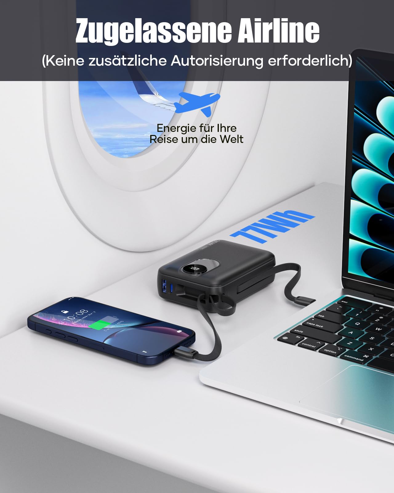 Power Bank 20000mAh 22.5W Con Cavo Integrato USB-C: Batteria Esterna Leggera Per Apple E Android, 4 Uscite