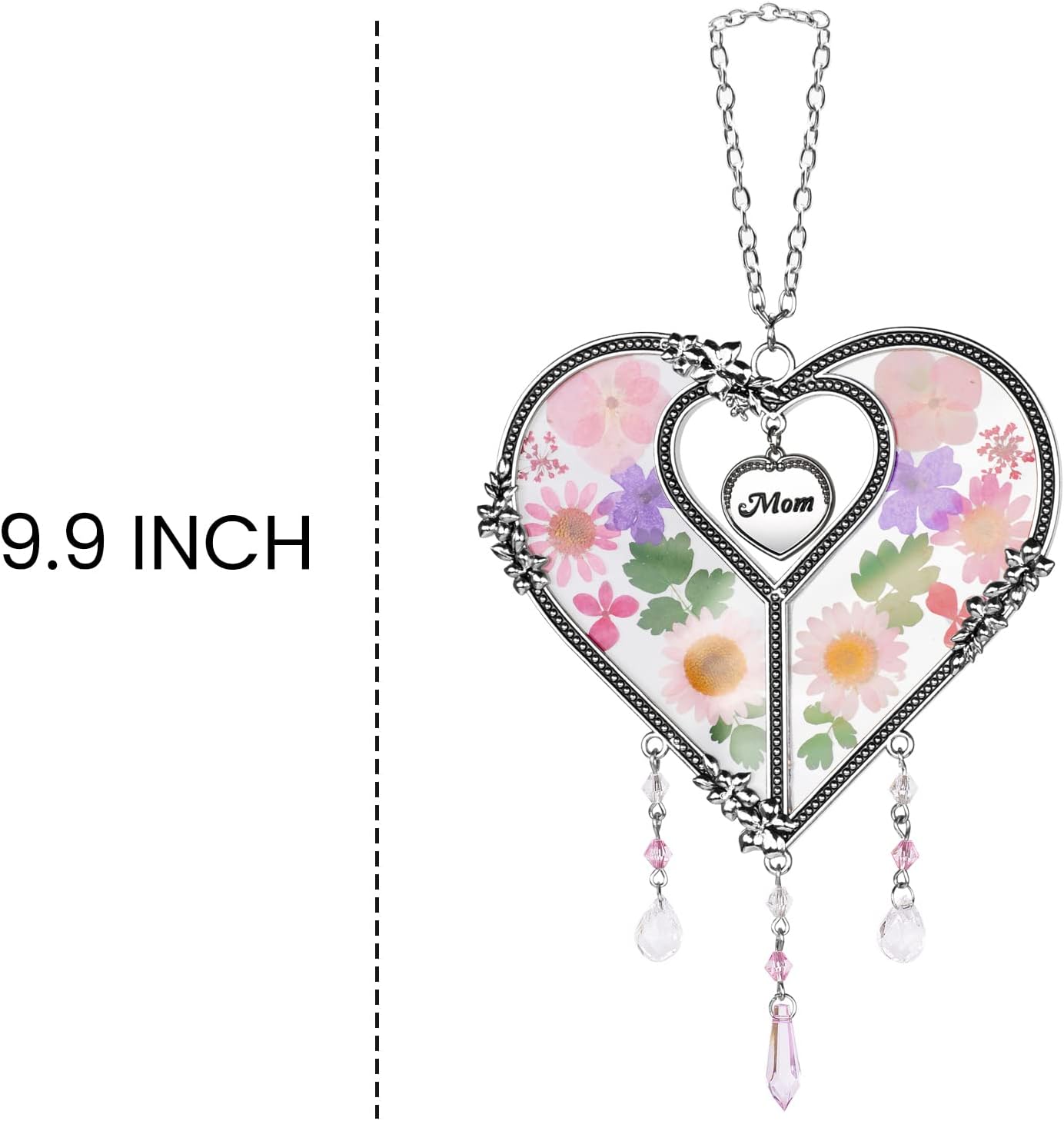 GUOER Heart Suncatcher with Pressed Flower Ornament Stained Glass Wind Chimes with Real Flowers,Birthday for Favorite Person (Mom) image 3