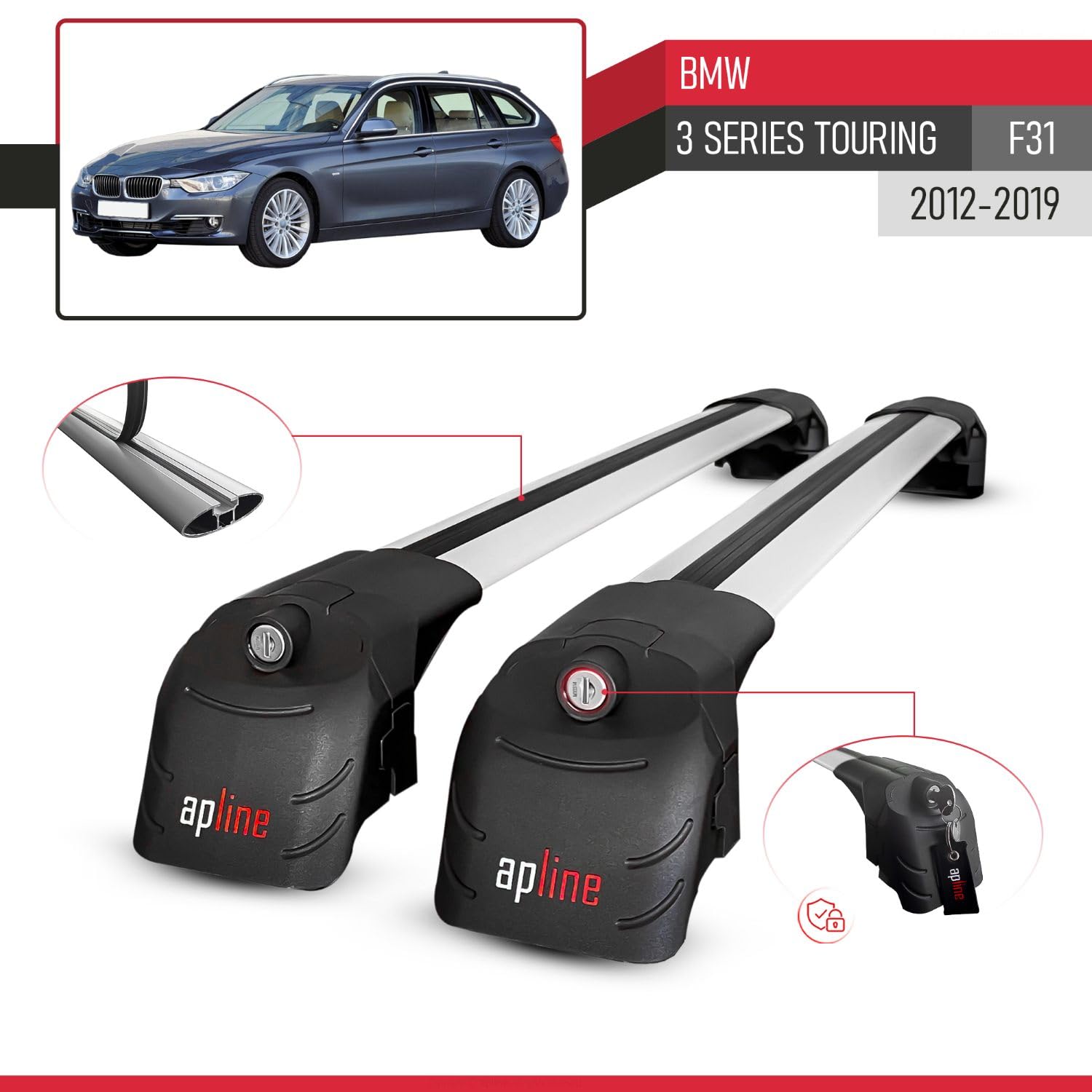 Kompatibel mit BMW 3er (F31) Touring 2012-2019 ACE-2 Modell Relingträger Dachträger Auto Gepäckträger Grau Aluminium 2 Stangen