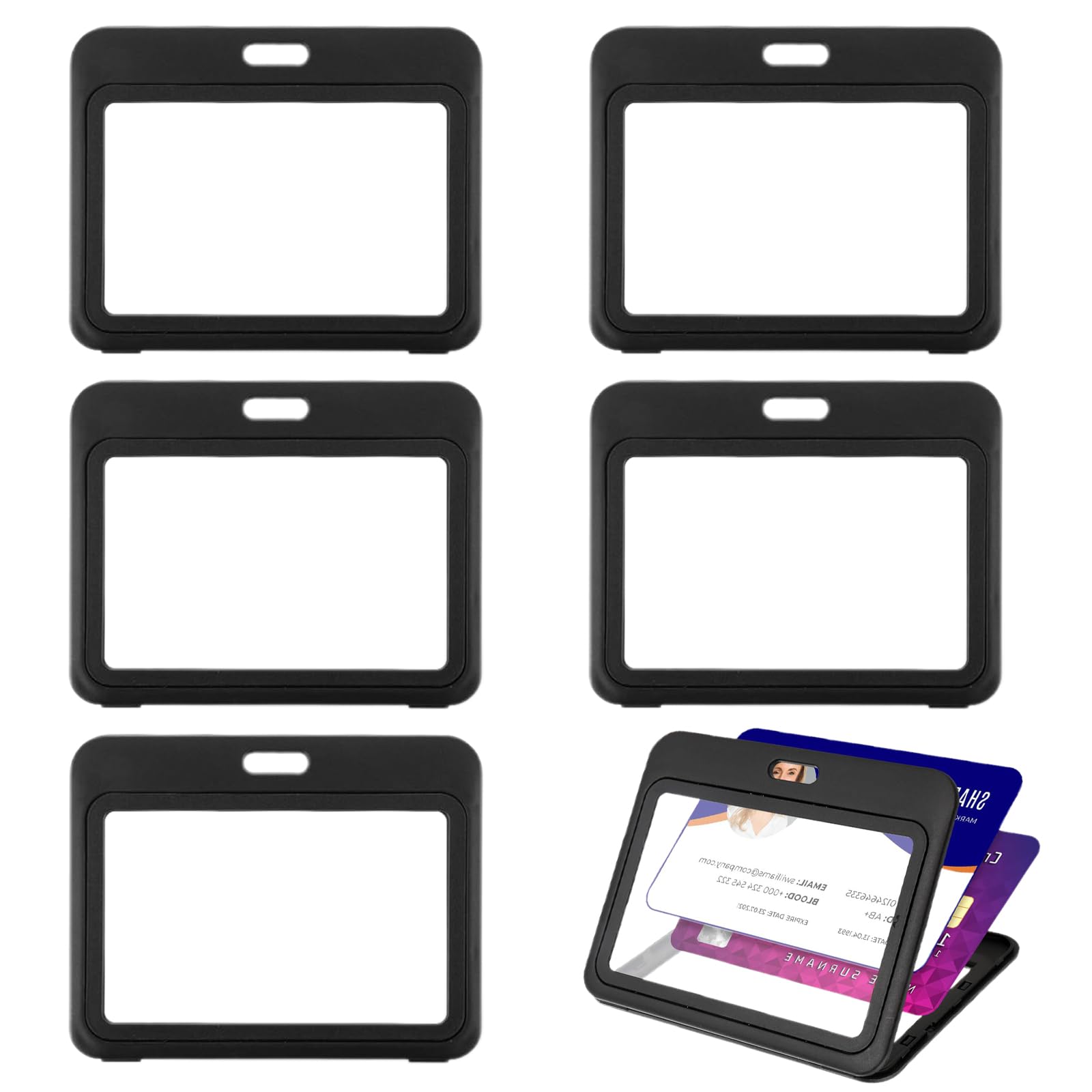 6-Pack ID Badge Holders - Double-Sided Horizontal Hard Plastic Card Protectors for Office, School, Credit Cards, Driver's Licenses, and Key Cards - Durable Black Pouches，Pass Holder
