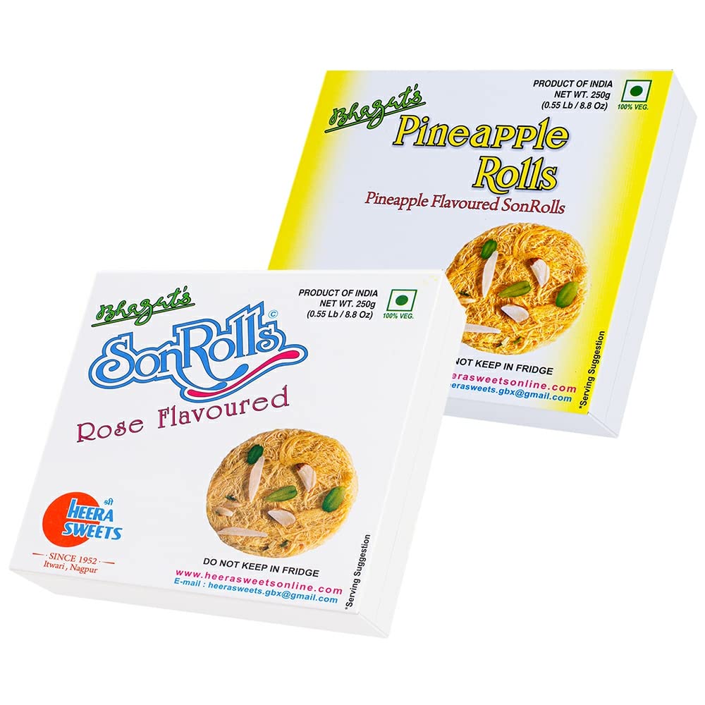 Bhagat's Heera Sweets SonRoll Shree Heera Sweets - SonRoll Combo | Rose and Pineapple Flavoured SonRoll (250Gms Each) Preservatives Free Soft Flaky Sweets Mithai Box For Diwali Sweets Ganesh Chaturthi Rakhi Christmas Holi Valentine | For All Festivals