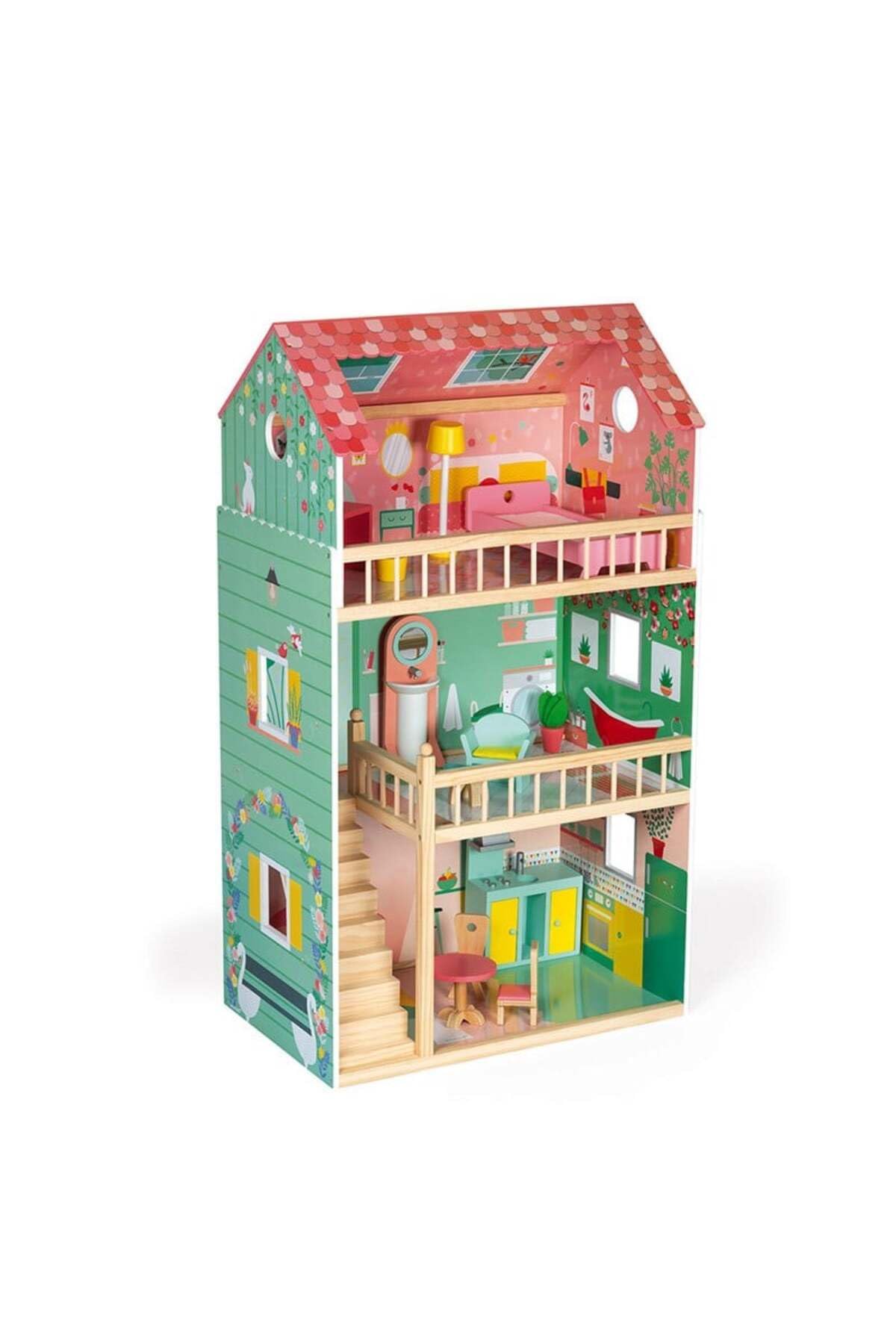 Janod - Happy Day - Casa de Muñecas en Madera, 3 Plantas y 12 Accesorios Incluidos, Juego de Imitación, Desarrollo de La Imaginación - Desde Los 3 Años, J06580