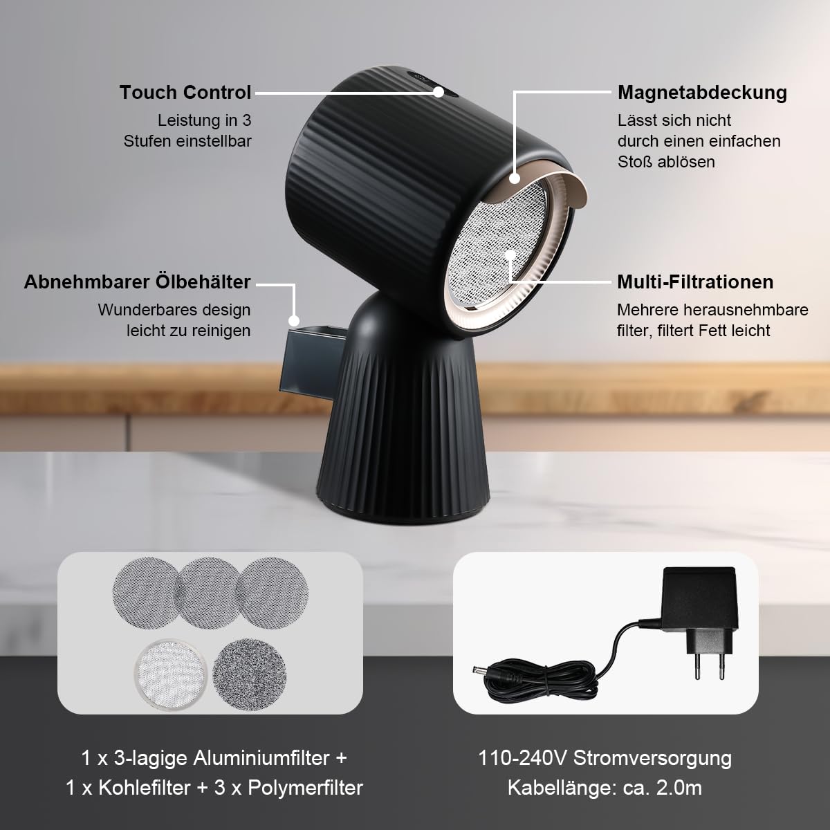 SNDOAS Cappa Aspirante Portatile, Cappa Cucina Senza Tubo di Scarico con Potenza di Aspirazione 180 m³/h, 3 Livelli di Potenza, Ricircolo con Filtro a Carbone, per Casa, Piccole Cucine, Camper