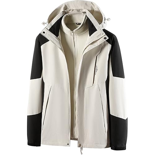 Men Waterproof 3 in 1 Ski Jacket Winter Warm Fleece Lined Snow Coat Colorblock Windproof Hooded Raincoat