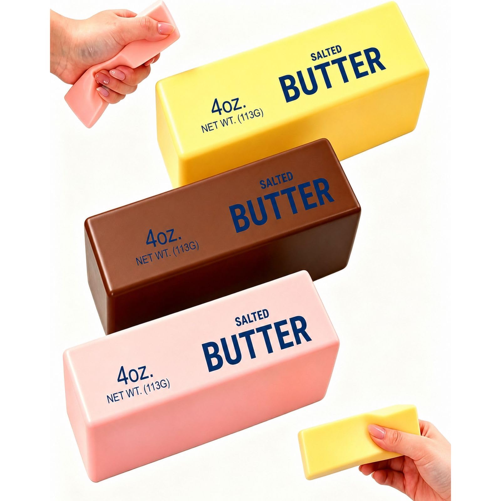 3Pcs Butter Squishy, Soft Squeeze Sensory Set, Three Colour Butter Squishies in Yellow, Pink and Chocolate Brown, Total 3 Pieces