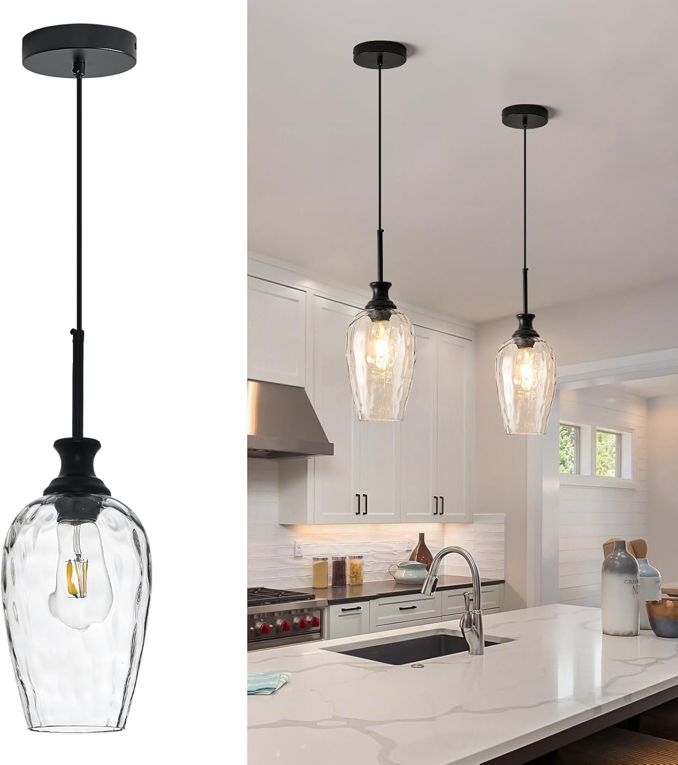 Modern Kitchen Pendant Lights,1-Light Black Pendant Light Fixtures with Hand-Blown Clear Glass Light Fixture for Kitchen Island Sink Dining Room Bedroom Hallway, E26 Bulb Not Includes