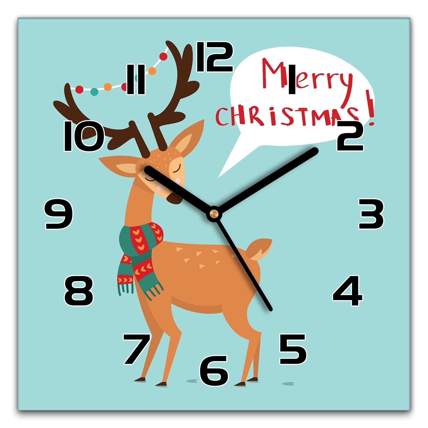 Horloge murale Noël 30x30 cm en verre avec aiguilles silencieuses