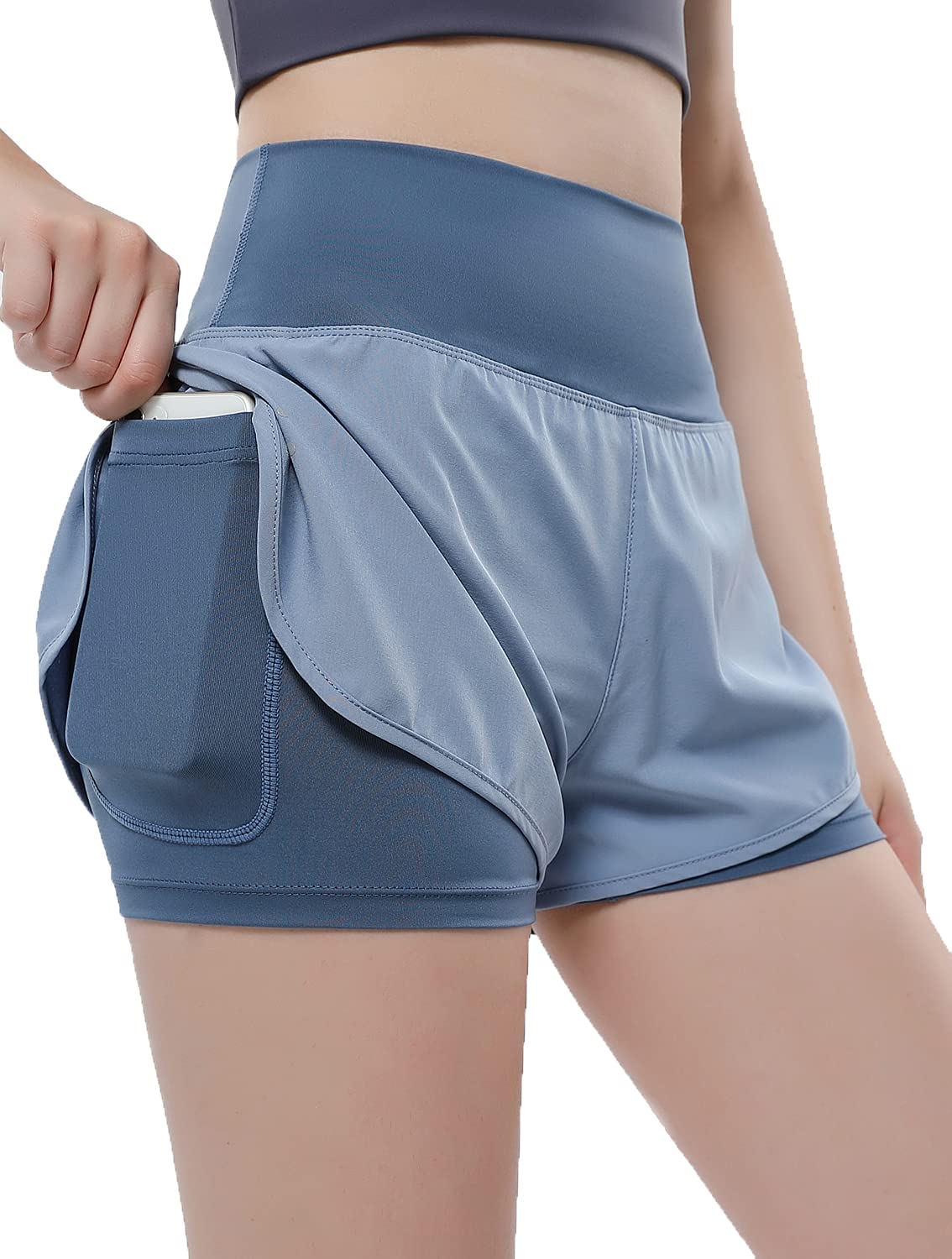 VIGVAN 2 in 1 Laufhose Damen Sport Shorts Sommer Kurze Hose Schnelltrocknend Fitness Yoga Shorts Gym Jogging Training Sporthose für Damen mit Taschen