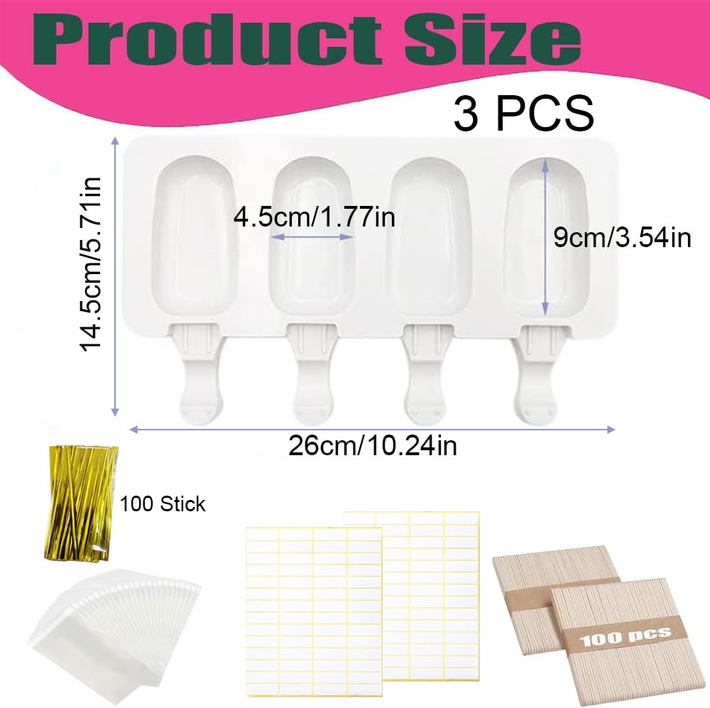 Moldes de Helado, 3 Pack Molde de Helado de Silicona con 100 Palos Madera, 100 bolsas de embalaje, 100 ligamentos, 100 etiqueta,sin BPA, Para postres helados o chocolates caseros (C)