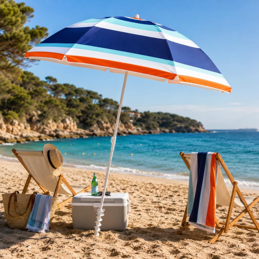 Parasol de Plage Alu Luxe Inclinable 210 cm UPF 50+ – Fibre de Verre, Pied Vissable, Housse de Transport et Toile Anti-UV