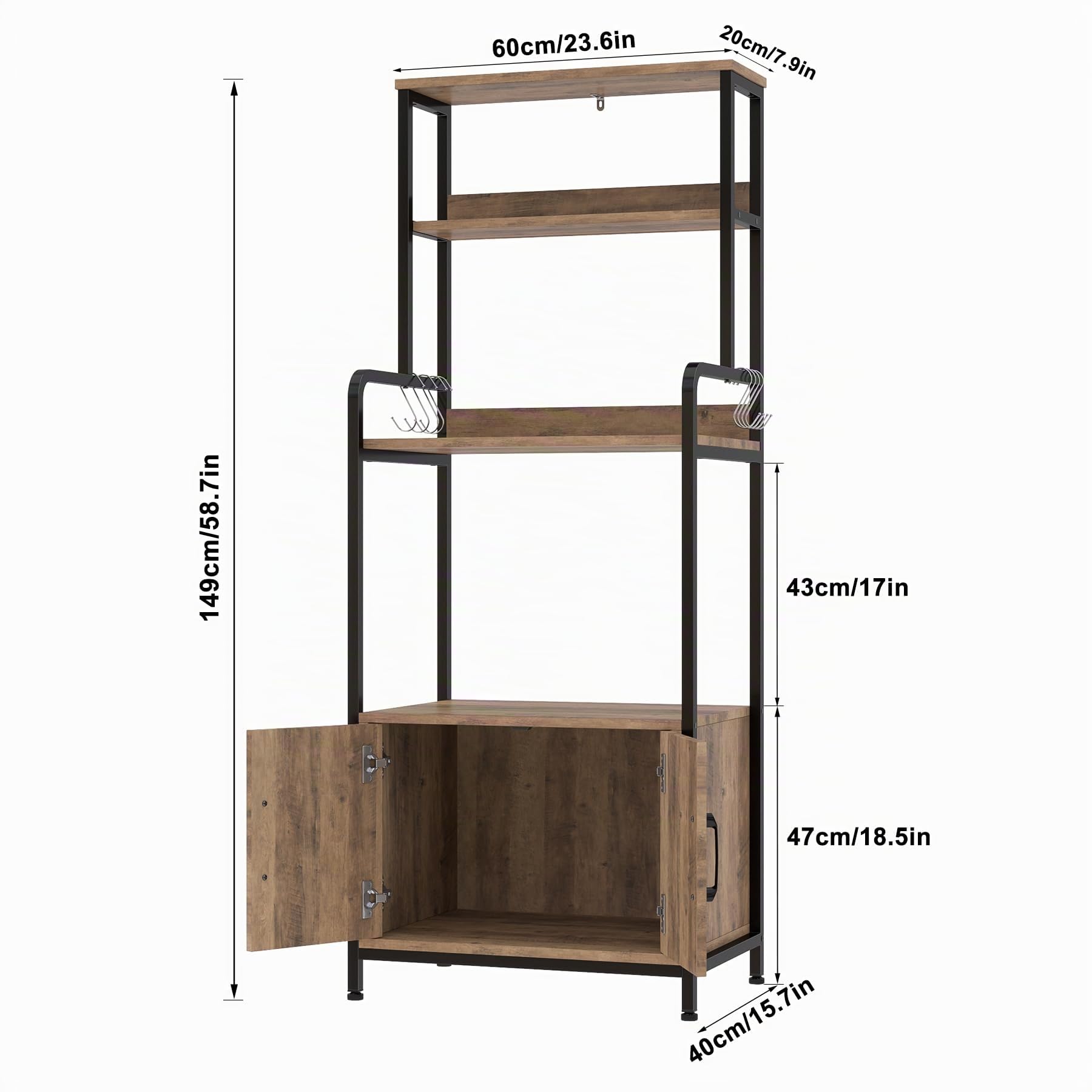 HOCSOK Scaffale da Cucina, Armadio da Cucina, Mobile per Microonde con 2 Ante, 4 Scaffale e 8 Ganci, Mobile Ausiliario per Stoviglie, Spezie, Legno, 60x40x149cm, Antico