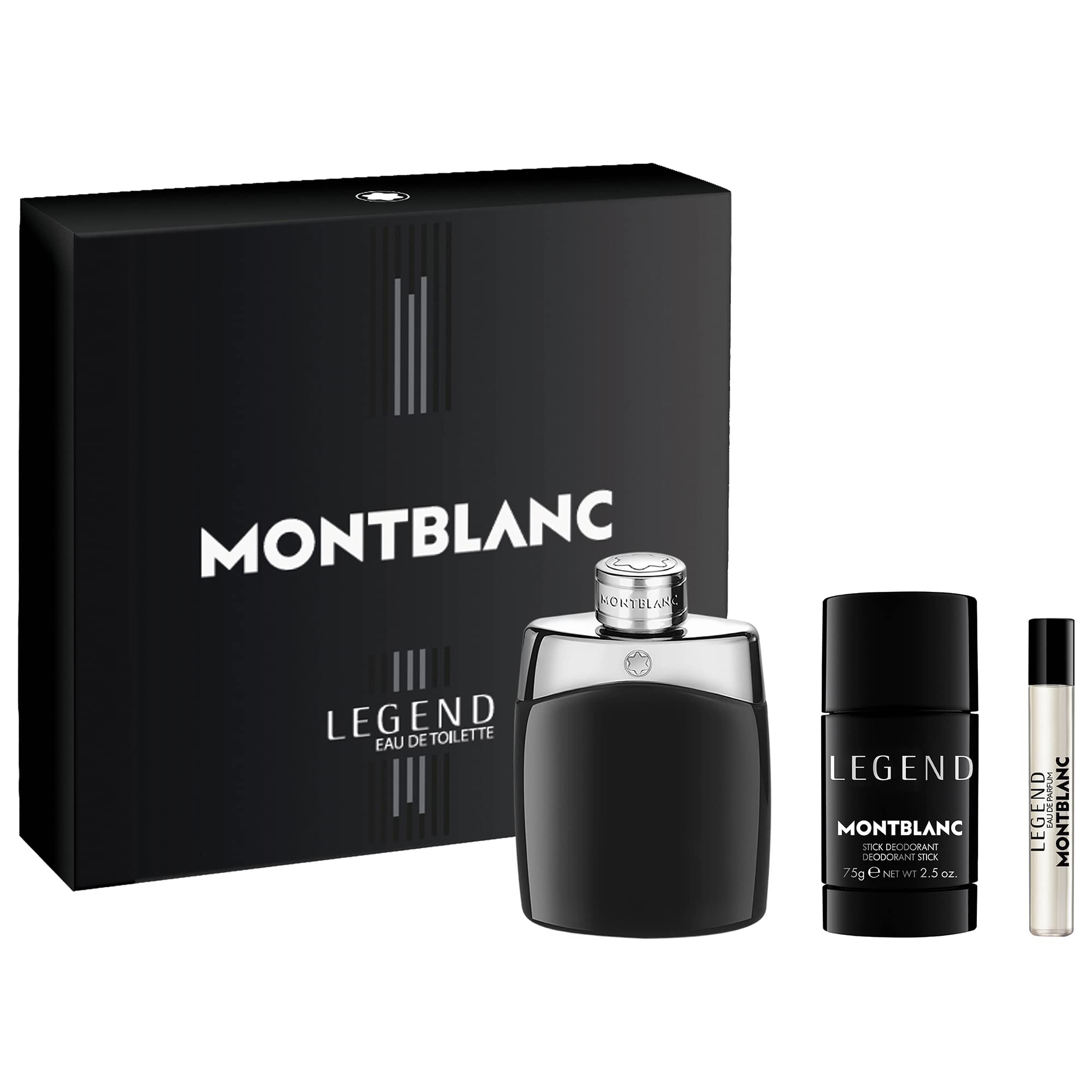 MONTBLANC Legend Eau de Toilette 3 Piece Set - 3.3 fl. oz. & 0.25 fl. oz. Spray, 2.5 oz. Deodorant Stick - Long Lasting Fragrance with notes of Bergamot, Jasmine & Sandalwood - Fresh & Fougere
