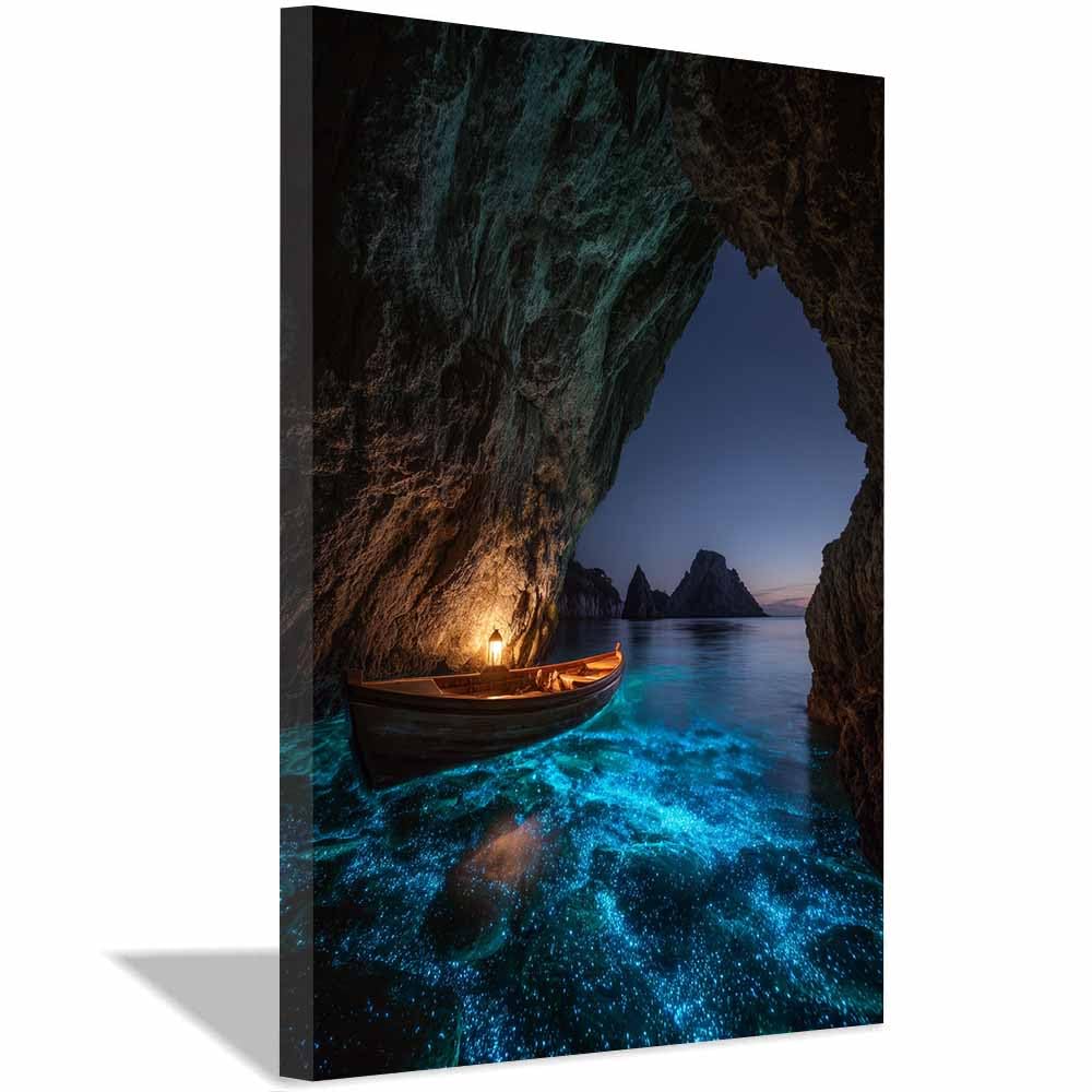 XENIOU Landscape Wall Art Glowing Cave Boatss Night modern canvas wall art, decorative paintings, canvas painting wall art for Home Decor.(Multicolor)-80x120cm Framed
