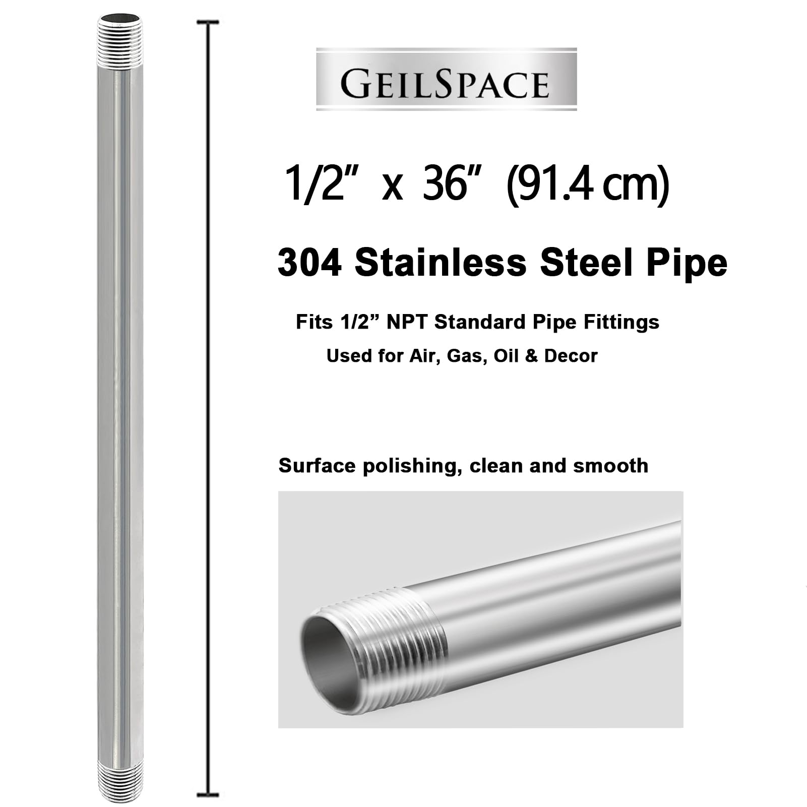 GeilSpace Tubo de acero inoxidable, boquilla de tubo 304 para tuberías y accesorios roscados estándar de 1/2 pulgada, tubo de metal industrial de bricolaje (2 piezas) (1/2 x 36 pulgadas)