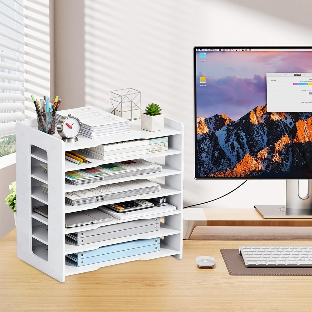 Organizer da scrivania formato A4, vassoio per lettere, porta documenti, formato A4, organizer per documenti, organizer per casa, ufficio, scuola (bianco, 7 ripiani)
