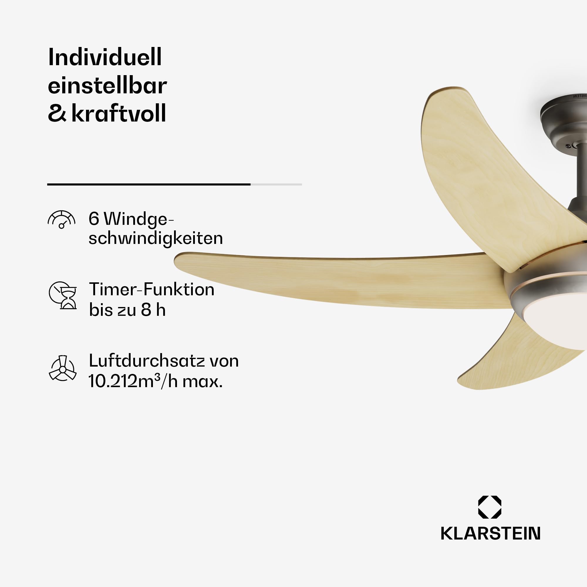 Klarstein Bolero Deckenventilator Mit Beleuchtung – Smart App & Fernbedienung, 132cm, 6 Geschwindigkeiten, Sommer & Wintermodi, Leise, Energieeffizient, E27 Fassung