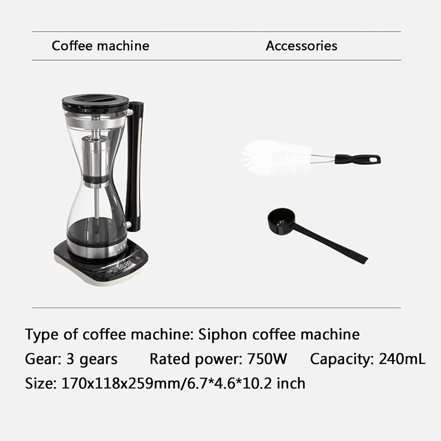 Syphon Vacuum Coffee Maker, Glass Electric Siphon Pot, 3 Adjustable Gears, Intelligent Heat Preservation, 240ml Capacity, for Use At Home, Coffee Shops, Offices & Other Places