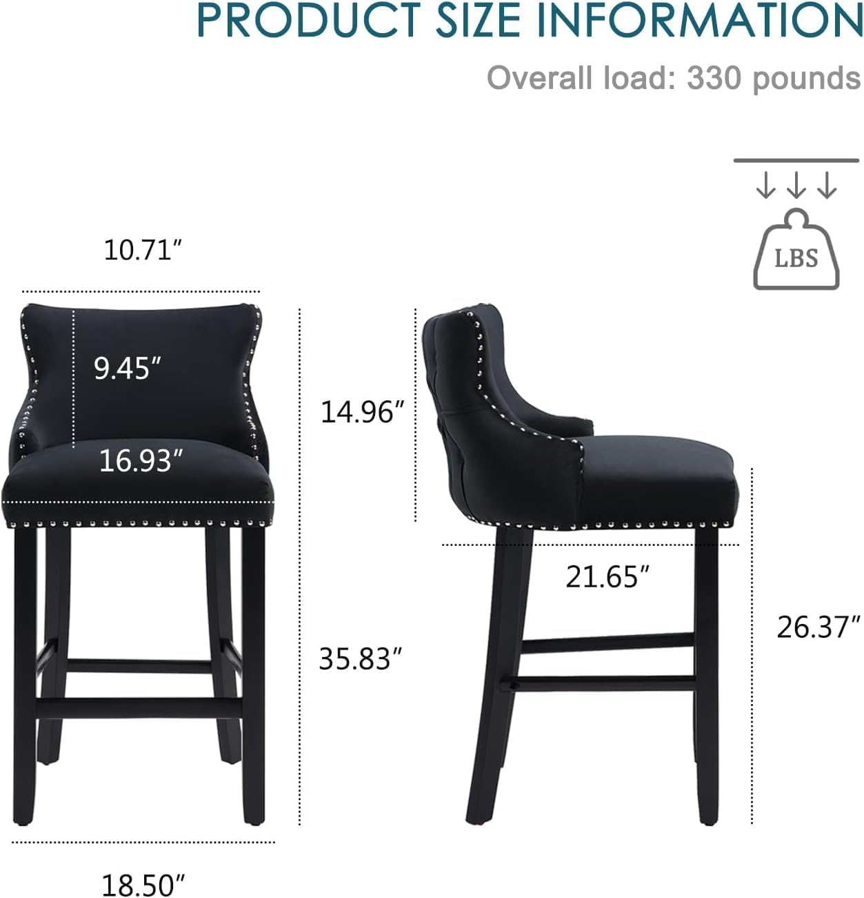 Counter Height Bar Stools, Modern Bar Stools Set of 4 Velvet Barstools with Low Back and Nailhead Trim for Kitchen Island, Pub, Coffee (Black)