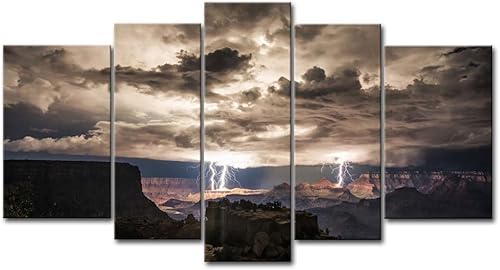 So Crazy Art Cuadros para pared de 5 unidades, diseño rayos en el Gran Cañón y nubes oscuras, imágenes impresas en una lona, imagen decorada en óleo