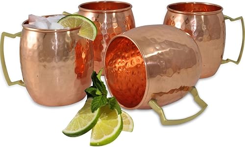 Prisha India Craft Moscow Mule - Juego de 4 tazas de cobre macizo de 16 onzas, acabado lacado martillado de cobre 100% puro, taza de cóctel, tazas