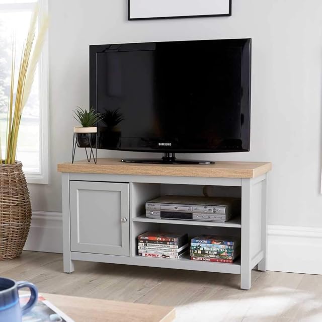 Home Source Oak TV Stand Two Tone Cabinet Television Unit Open Shelf Cable Tidy, MDF, Grey, 1 Door