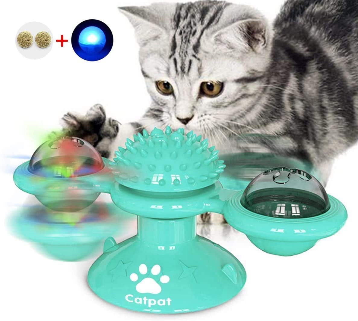 K & H Windmill Spinner Turntable Teasing Interactive Kitten Toys for Indoor with Suction Cup LED Ball (Blue)